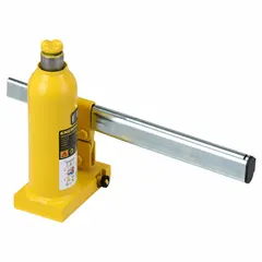 Steel-bodied manual handle bottle jack with 5-ton load capacity. Mechanical lifting actuator. Used for raising heavy equipment in industrial maintenance, construction, and manufacturing settings where high clearance is required.