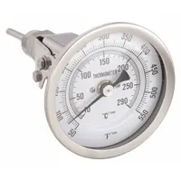 This adjustable-angle thread-mount dial thermometer has a 5-inch dial and a 2.5-inch stem. It measures temperatures from 50°F to 550°F (10°C to 290°C) with an accuracy of ±1.5% above 451°F. Suitable for installation in pipes or tanks for industrial process monitoring
