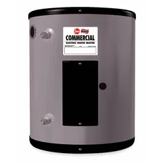 Compact commercial electric water heater with 10-gallon capacity, 6000 W power, and single-phase 277V operation. Delivers 61 gallons per hour at a 40°F temperature rise. Height 22.87 inches. Suitable for point-of-use or small-volume hot water needs in commercial settings such as break rooms or light industrial facilities.