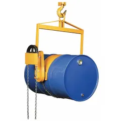 This drum lifting hook is designed for rotating and dispensing 55-gallon drums. It features a pull chain tilt mechanism and a steel body construction with a yellow finish. The unit has a weight capacity of 800 lb, suitable for industrial material handling tasks such as warehouse, manufacturing, and maintenance operations.