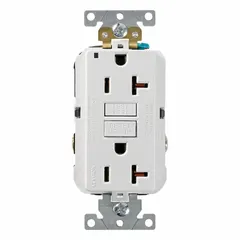This LEVITON duplex receptacle is a 5-20, white GFCI device rated 125V AC and 20 A, with 2 pole / 3 wire grounding. It provides ground-fault protection for branch circuits in areas where moisture may be present, such as kitchens, bathrooms, and workshops. The receptacle is suitable for general-purpose use in residential, commercial, and industrial settings requiring code-compliant safety outlets.