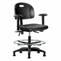 This ergonomic lab chair features a polyurethane seat and a nylon base, with adjustable height from 19 3/4 in to 27 1/2 in and an 18 in seat width. It includes arms and a foot support, with back tilt forward 10.5° and backward 13.5°. Suitable for use in laboratory and industrial workstations where seated tasks require adjustability and support