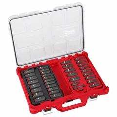 This 36-piece socket set includes 6-point deep sockets in SAE sizes 1/4 in to 15/16 in and metric sizes 6 mm to 24 mm, with a 3/8 in drive. The set is designed for use with impact wrenches and hand tools in fastening and loosening nuts and bolts. Features include friction retention for secure socket hold.
