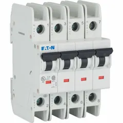 4-pole C-curve miniature circuit breaker rated 1 A at 277/480V AC with 10 kA interrupting capacity. UL489 listed for DIN rail mounting. Screw terminals. Protects branch circuits against overloads and short circuits in industrial and commercial panels.