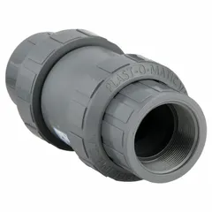 Inline poppet check valve with a PVC body and NPT connections, designed for corrosives media. The 2 in pipe size valve features a FKM poppet. Used in piping systems for backflow prevention.