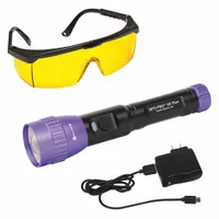 This UV leak detection kit is designed for use with R-1234yf and R-134a refrigerants. It includes protective glasses and is used to locate refrigerant leaks in automotive and industrial cooling systems