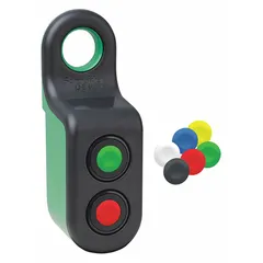 This SCHNEIDER XB5R series handy box-enclosed push button is a non-illuminated unit with one transmitter featuring maintained action on the top. The green device is compatible with wireless transmitters for remote control applications. Typical use includes start/stop or on/off commands in industrial environments.