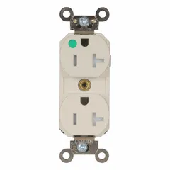 This duplex general purpose receptacle is rated 20 A at 125 V AC with a 5-20R configuration. It is designed for use in healthcare facilities and other institutional settings where reliable power delivery is required. The light almond finish suits typical medical environments.