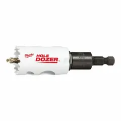 This bi-metal hole saw with attached arbor cuts clean holes in wood, metal, and plastic. With 8 teeth per inch and a maximum cutting depth of 1-5/8 in, it is suited for general construction, electrical, and plumbing applications requiring a 1-1/4 in diameter hole.
