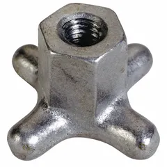 This 4-arm knob features a 2-inch diameter aluminum body with a 3/8"-16 threaded through-hole. The four-point design provides a secure grip for manual adjustment and clamping in workholding and fixture applications.