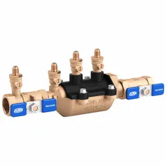 Double check backflow preventer with 1 in pipe size, flange x flange connections, and ball valve shut-off. Constructed of bronze with an overall length of 12.25 in. Used in commercial and industrial plumbing systems to prevent reverse flow caused by backpressure or backsiphonage, protecting potable water supplies.