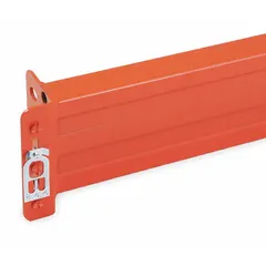 This STEEL KING step beam is a roll-formed, impact-resistant horizontal beam for teardrop-style pallet rack systems. It measures 108 inches in length with a 3 x 3 inch profile, finished in orange. Rated for 3,240 lb capacity per pair, it supports palletized loads in industrial storage applications.