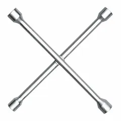 This 4-way cross lug wrench features four 6-point sockets for use on standard lug nuts of passenger vehicles. It accommodates both Metric and SAE fasteners, providing versatility during tire changes and wheel maintenance. The tool does not include a leverage bar hole.