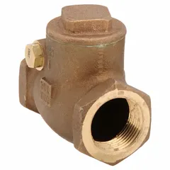 This lead-free bronze inline swing check valve features a swing-type closure mechanism in a compact inline body. It is used to prevent backflow in plumbing systems where low lead content is required. Connections are 1 inch female NPT on both ends.