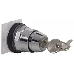 This panel-mounted key switch without contacts features a 2-position maintained/maintained switch action with key removal in the right position. Part of the Series 9001K, it is designed for 30 mm panel mounting. Typical applications include machine control, safety interlocks, and equipment mode selection in industrial environments.