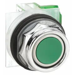 Momentary-action flush-mount push button from the 9001K series. Features a 30 mm metallic flush profile and 1 normally open contact. Suitable for use as a control switch in industrial machinery and control panels where a low-profile actuator is required.
