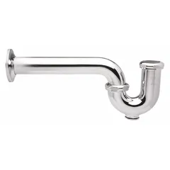 Cast brass P-trap with chrome-plated finish, 1-1/2 in nominal pipe size, and 12 in overall length. Includes brass swivel nuts and cleanout for maintenance. Used in plumbing to trap water and prevent sewer gases from entering buildings, suitable for under-sink drain connections.