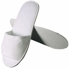 White terry slipper with EVA (Ethylene Vinyl Acetate) sole. Large unisex size. Suitable for hospitality, spa, and healthcare settings where guest or patient footwear is required.