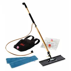 This applicator kit includes a handle and is designed for applying floor finishes and floor protectors. Suitable for use on commercial or industrial floors, the 16-inch-wide applicator head allows for efficient coverage. The kit provides a complete solution for floor maintenance tasks.