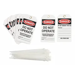 Polyester danger tag with 'Danger Do Not Operate' legend. Includes write-on surface for date and signed-by information. Used in lockout/tagout procedures to communicate a danger condition and prevent unauthorized equipment operation.