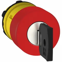 Red mushroom-head push-button operator from the XB5 series with a non-metallic actuator. Maintained action keeps the button latched until manually reset. Suitable for industrial control panels requiring a maintained emergency stop or latching function.