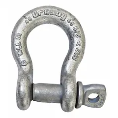 Anchor shackle with a working load limit of 19,000 lb and a width between eyes of 1 7/16 in. Silver body finish. Used in lifting and rigging to connect chains, slings, or hooks to a load.