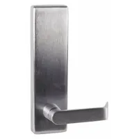 Silver mechanical exit device trim with lever outside trim, designed for use with exit push bars on commercial doors. Features a Dane exit device style and is ADA compliant for accessible push-pull operation. Suitable for applications requiring safe egress in public buildings