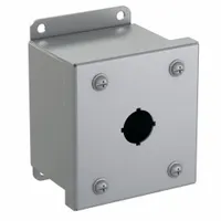 Carbon steel enclosure with one 22mm diameter hole for mounting push buttons, pilot lights, or similar operators. Rated NEMA 12/13 for oil-tight and dust-tight protection in industrial environments where resistance to lubricants and airborne contaminants is required