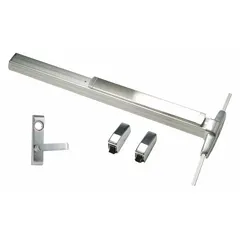 This surface vertical rod exit device features a chrome finish and includes a touchbar and lever trim. Designed for doors up to 3 ft wide, it is configured for right-hand reverse (RHR) application. Suitable for use on commercial doors requiring reliable egress actuation.