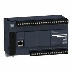 Programmable logic controller with 24 discrete inputs and 16 relay outputs. Operates on 100 to 240V AC power supply. Includes an integrated clock for time-based control functions. Suitable for discrete input/output logic, relay switching, and time-based sequencing in industrial automation and machine control applications.