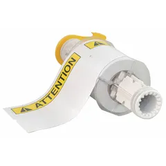 White vinyl label roll with preprinted ATTENTION header, available in 4 in x 6 in and 6 in x 4 in sizes. Acrylic adhesive provides secure bonding to surfaces. Compatible with BBP85 printer series for on-demand custom text. Used for hazard identification, instructions, and notices in industrial environments.