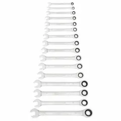 This 16-piece metric wrench set features 12-point ratcheting combination wrenches made from alloy steel with a full polish chrome finish. The ratcheting box end allows for faster fastener turning without repositioning, suitable for automotive, industrial, and mechanical tasks.