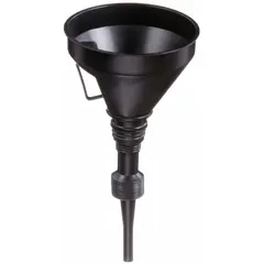 This 32 fl oz polyethylene spout funnel is designed for controlled fluid transfer in maintenance and workshop settings. It includes a 10 in removable flexible spout for reaching tight spaces. The funnel measures 15 in overall height with a 6 in overall diameter and is made of black polyethylene.