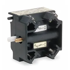 This contact block from the 9001K/9001SK series features a single normally open (1NO) momentary/power reed switch action. It is equipped with screw clamp terminals for secure wiring connections. Suitable for use in industrial control panels, pushbutton stations, and signaling devices.