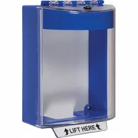 This polycarbonate wall-fixture guard is designed for outdoor emergency buttons, providing protection against vandalism and accidental damage. It features a blue 'LIFT HERE' legend, IP56 water resistance, and includes mounting hardware for surface-mount installation. Overall depth is 4 inches