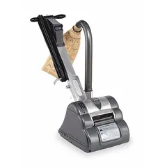 This drum floor sander accepts 8 in x 19 1/2 in abrasive sheets secured by a clamp. It operates at a fixed speed with a maximum of 8,500 RPM. Designed for sanding and refinishing wood floors in commercial and residential settings.