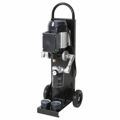 This air-operated drum pump is mounted on a dolly for portability. It delivers a maximum flow rate of 7 gpm and handles fluids with a maximum viscosity of 500 cps, suitable for SAE 250 grade oils. Typical applications include transferring and circulating heavy lubricants in industrial fluid handling systems.