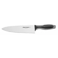 This 15-inch chef's knife features a stamped steel blade with a straight edge and Granton edge to reduce friction during slicing. The Santoprene/Polypropylene handle in black/gray provides a comfortable grip. NSF certified for food safety, it is suited for commercial kitchen tasks such as chopping, slicing, and dicing