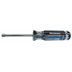 This standard nut driver features a 5 mm metric tip size and a non-magnetized tip. Its hollow round shank allows use on long threaded rods in confined spaces, such as during electrical panel work or machinery assembly.