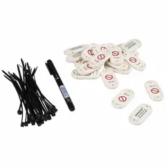 White oval plastic safety tag for indoor/outdoor use. Supplied in English as a 20-piece kit. Used for general purpose identification and marking in industrial environments.