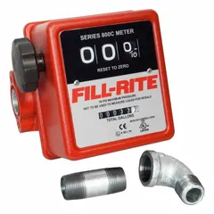 This nutating disc totalizer measures fuel transfer volumes in gallons with a mechanical display and +/-1% accuracy. It features a 3/4 in FNPT aluminum body, Viton seals, Buna-N O-rings, and a standard frequency pulse output. Suitable for industrial fueling, fleet maintenance, and agricultural applications requiring mechanical totalization without external power.
