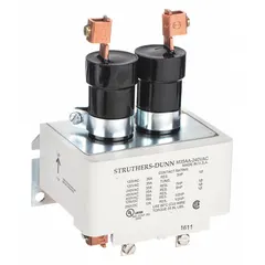 This 2-pole mercury displacement contactor from STRUTHERS-DUNN is rated for 35 A full load current (resistive) with a 240V AC coil. It features liquid mercury contacts and screw terminal connections. Typical applications include switching high-current resistive loads in industrial heating, furnace, and process control systems.