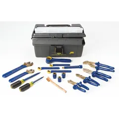 This 17-piece tool set includes slip-joint pliers, Phillips screwdriver, drive tool, and two adjustable wrenches, supplied in a tool box. The tools are designed for nonsparking and insulated use in hazardous environments where flammable gases, vapors, or combustible dusts are present.