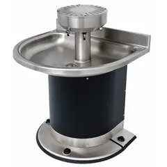 This ACORN Series 3543 wash fountain features a semi-circular stainless steel bowl with a black/silver finish and foot-operated push button activation. It includes a P-Trap drain and has an overall width of 32 inches. Designed for commercial restrooms and high-traffic areas, it supports multiple simultaneous users. Not ADA compliant.