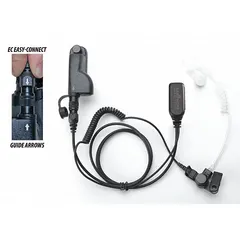This surveillance kit includes a clear earbud with push-to-talk functionality and a single-wire design terminated with a Multi Pin connector. It is intended for use with two-way radios in applications requiring discreet communication, such as security and event management.