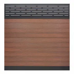 This horizontal fence section panel features a black aluminum frame and topper with black wood plastic composite inlay boards. It measures 6 ft overall width by 6 ft overall height. Posts are not included. Suitable for use in residential and commercial privacy fencing applications such as property boundaries, gardens, and patios.