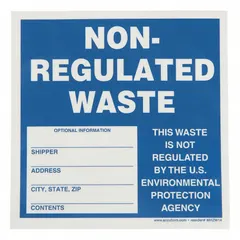 This vinyl label measures 6 inches by 6 inches and comes in a pack of 100. It features a blue background with the message 'This Waste is Not Regulated By The U.S Environmental Protection Agency'. Used in industrial, laboratory, and waste management settings to identify non-hazardous waste streams.