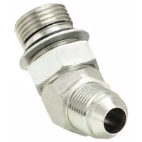 Steel hydraulic hose adapter with male O-Ring Boss (ORB) and male JIC connections. Rigid 45° elbow design allows directional changes in confined spaces. Used in hydraulic systems to connect ORB ports to JIC fittings