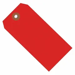 Red plastic plain shipping tags, each measuring 4-3/4 inches high by 2-3/8 inches wide. Supplied in packs of 100. Suitable for identifying industrial equipment, parts, and shipments; the plain surface allows marking with pens or markers for inventory tracking, maintenance tagging, and logistics labeling.
