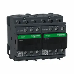 SCHNEIDER reversing IEC contactor with 3 poles and 3 normally open contacts, rated at 9 A with a 240V AC coil. Used for controlling forward and reverse rotation of three-phase motors in applications such as conveyors, pumps, and hoists. Does not include integrated surge suppression.